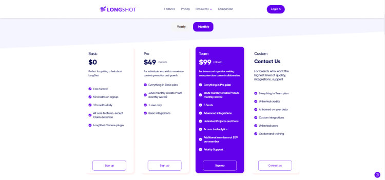 Page pricing Longshot
